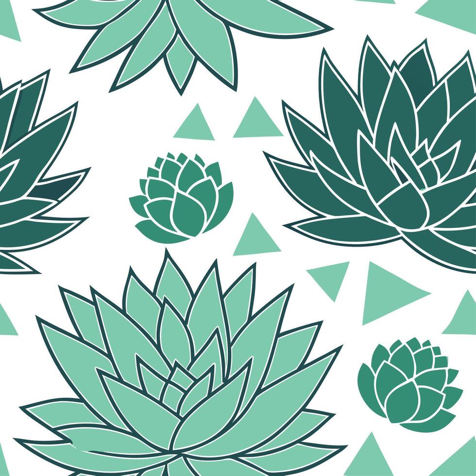 Bold succulent plants seamless tile pattern with varying shades of green and geometric shapes concept as Succulent plants in varying green shades with geometric patterns form a bol Clean vector