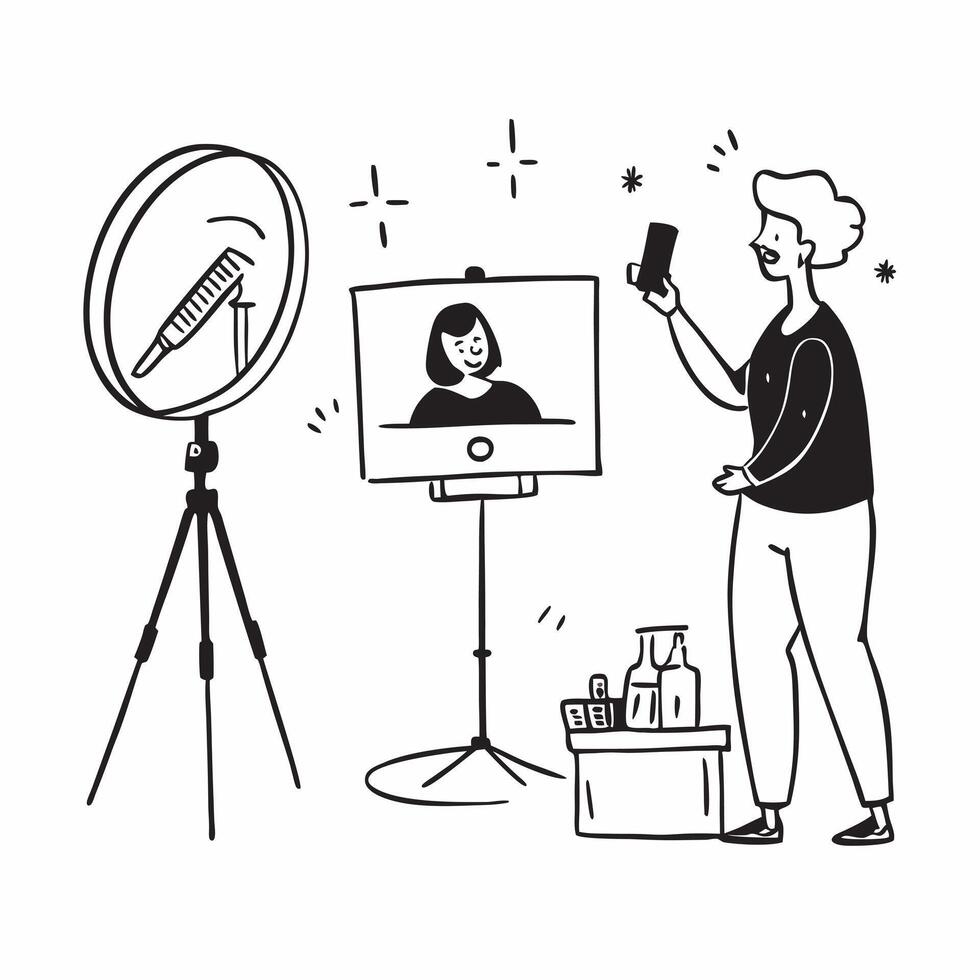 Beauty Blogger Reviewing Foundation with Ring Light and Copy Space concept as Wide shot of a beauty blogger reviewing a foundation product under a ring light in a well lit home stu Clean vector