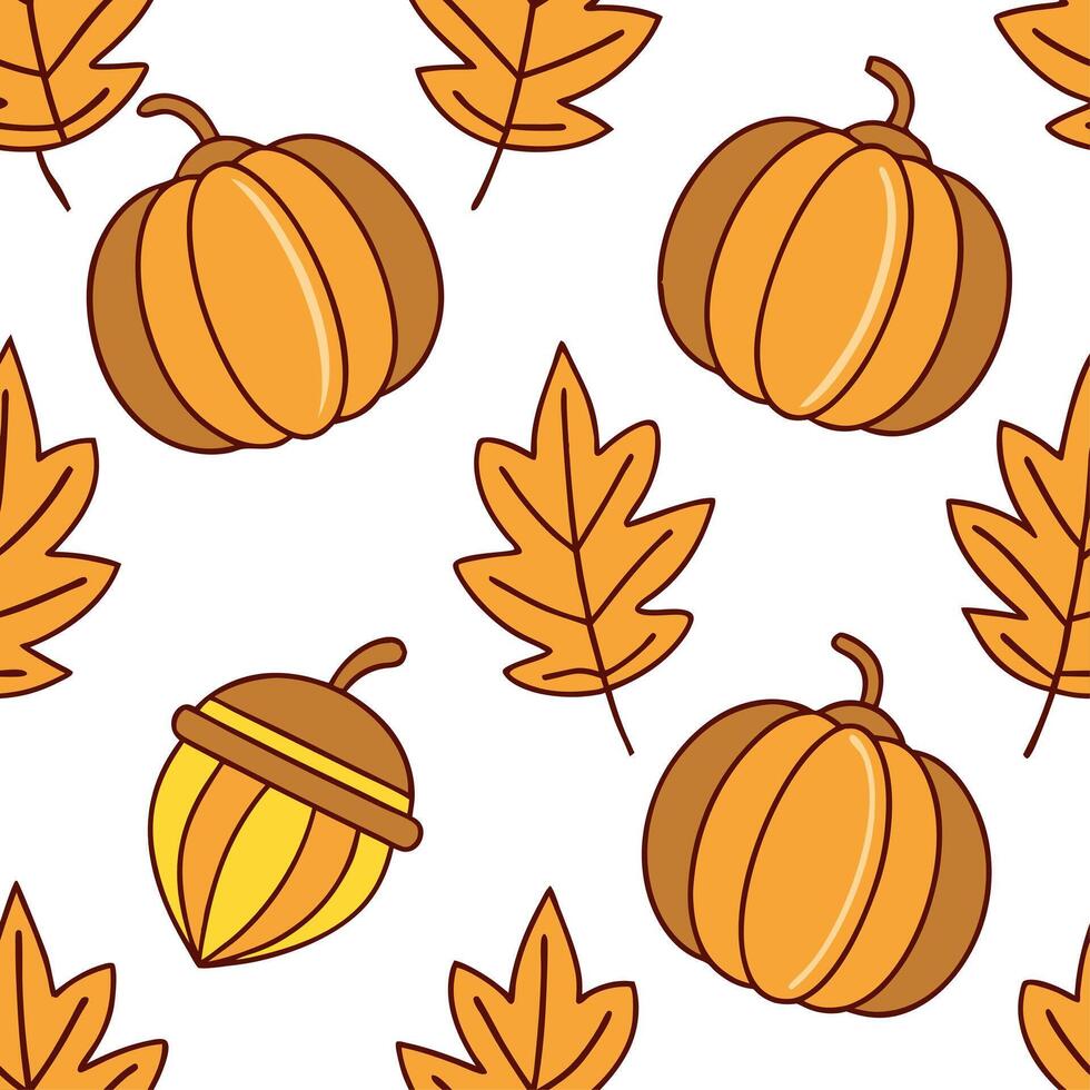 Autumn seamless pattern with pumpkins acorns and fall foliage for a harvest themed seasonal look concept as Harvest themed autumn pattern featuring pumpkins acorns and fall leaves Clean Set 2 vector