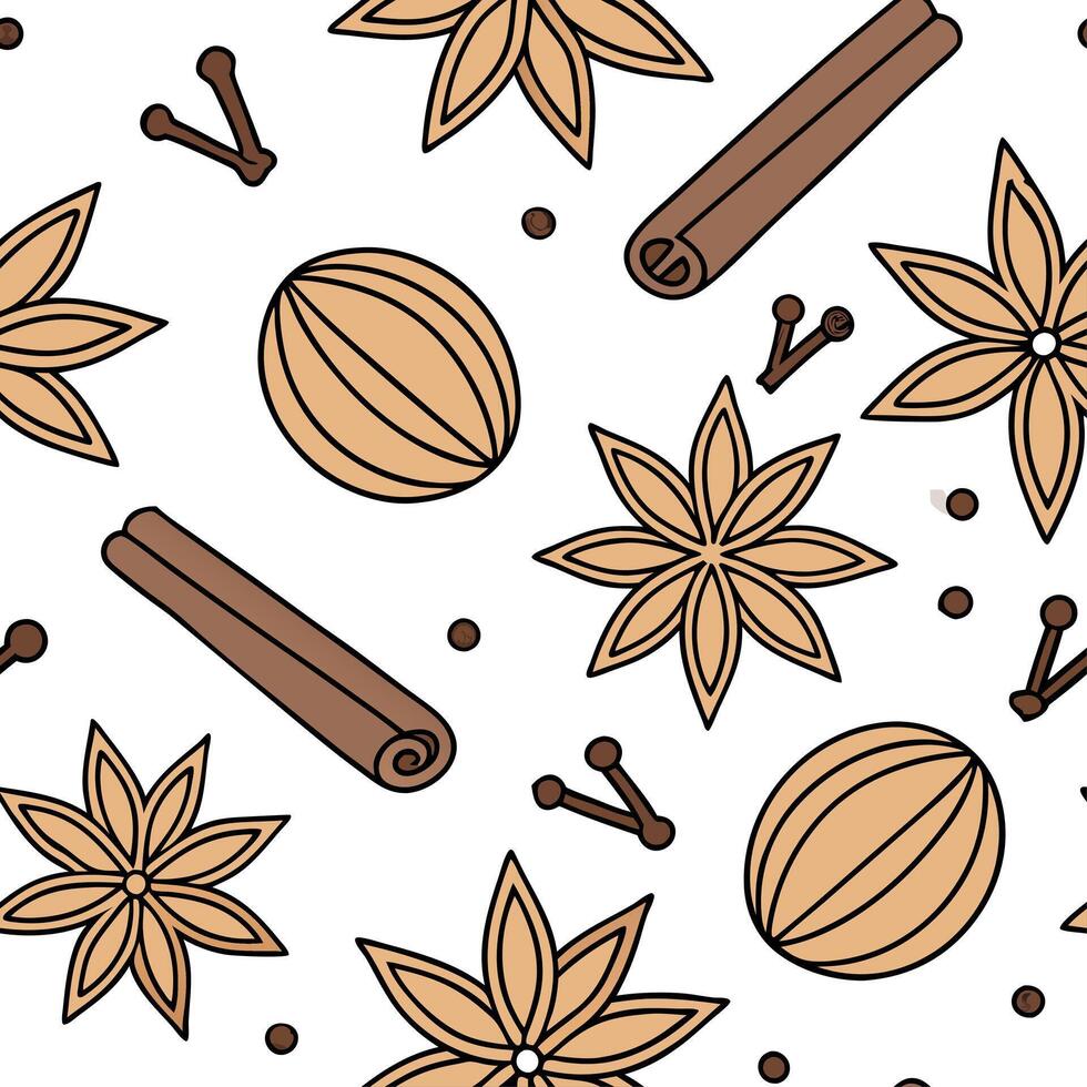 Autumn spices seamless tile pattern with cinnamon sticks nutmeg and cloves in warm tones concept as Cinnamon sticks nutmeg and cloves in warm tones create an autumn spices seamless Clean vector