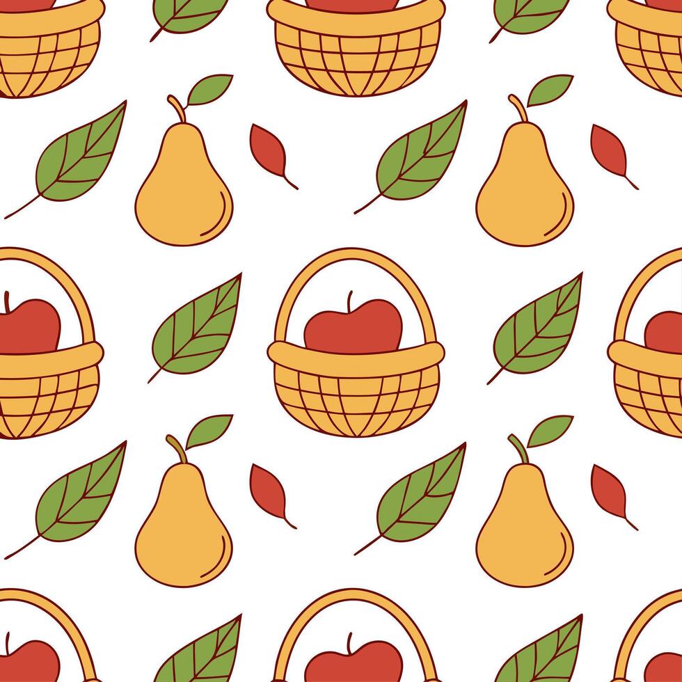 Autumn harvest seamless pattern with ripe apples pears and baskets for a natural farm inspired aesthetic concept as Farm inspired autumn harvest pattern featuring ripe apples pears Clean Set 2 vector