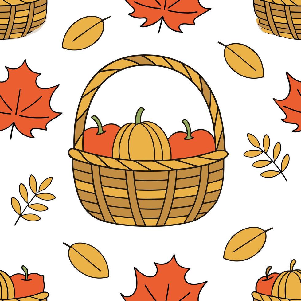 Autumn harvest basket seamless tile pattern with fruits vegetables and fall accents concept as Fruits vegetables and fall accents in a harvest basket create a seamless autumn tile Clean Set 2 vector