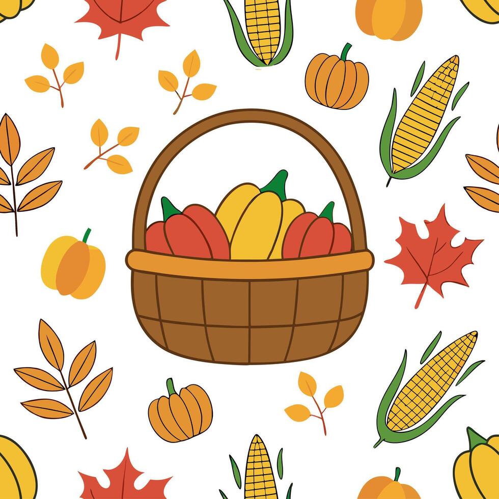 Autumn harvest basket seamless tile pattern with fruits vegetables and fall accents concept as Fruits vegetables and fall accents in a harvest basket create a seamless autumn tile Clean vector