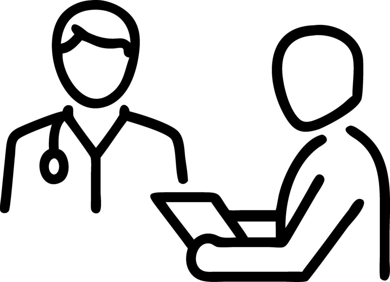 A professional physician in a white medical uniform talks to discuss results or symptoms and gives a recommendation to a male patient and signs a medical paper at an appointment vi Clean vector