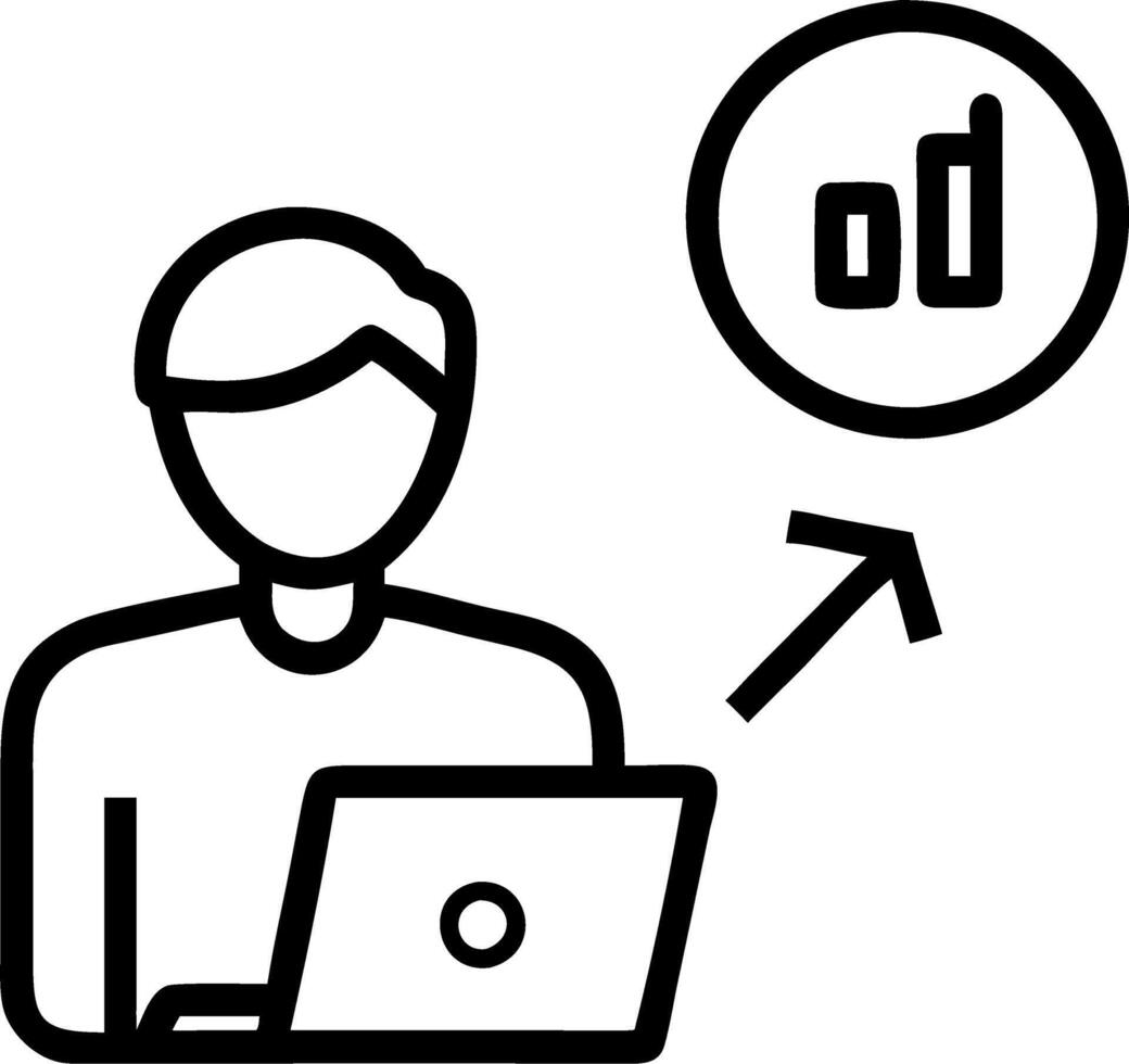 A businessman analyzes performance on a laptop to enhance quality speed efficiency and reduce costs embodying business efficiency concepts concept as Businessman uses laptop to an Clean vector