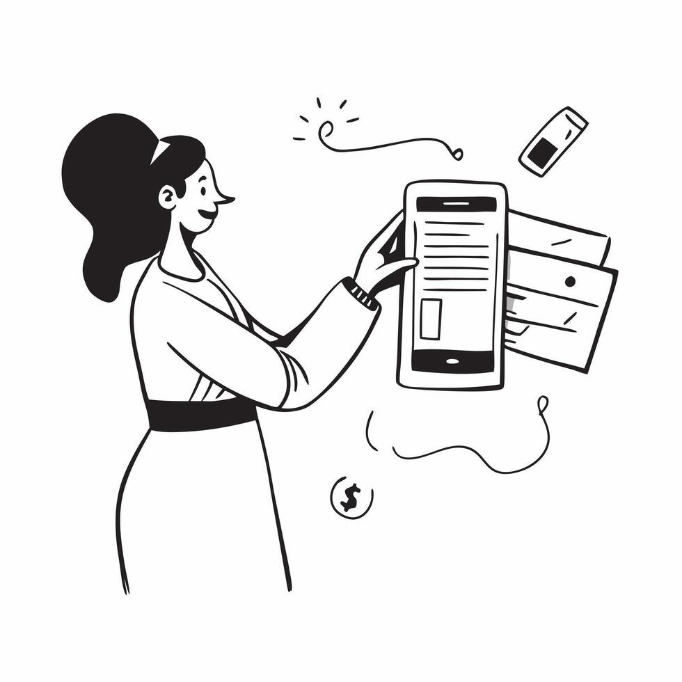 Woman Using Mobile Banking to Pay for Utilities concept as A woman using a mobile banking app to pay for utilities set against a plain background with ample space for text or graph Clean vector