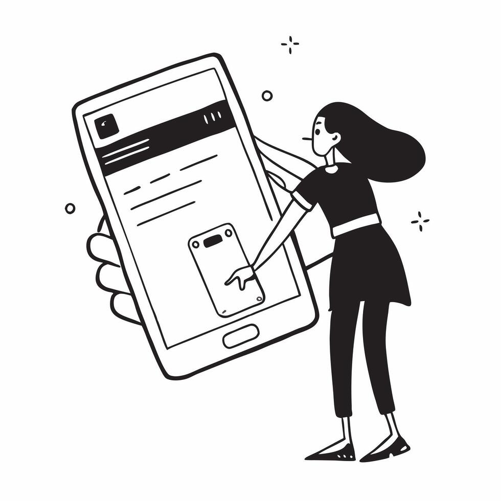 Woman Setting Up Mobile Banking App concept as A woman setting up her mobile banking app on her smartphone with a blank background offering space for additional text or design elem Clean vector