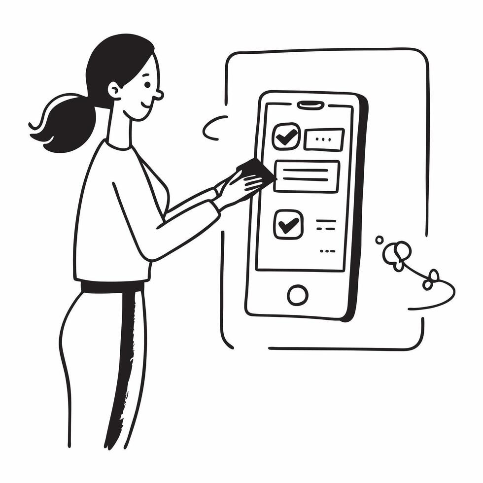 Woman Using Mobile Banking to Pay for Subscription concept as A woman using a mobile banking app on her smartphone to pay for a subscription set against a plain background with spa Clean vector