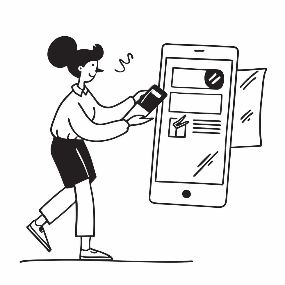 Woman Checking Account Balance concept as A woman checking her account balance using a mobile banking app set against a plain background with ample copy space in Photo Stock Conce Clean vector