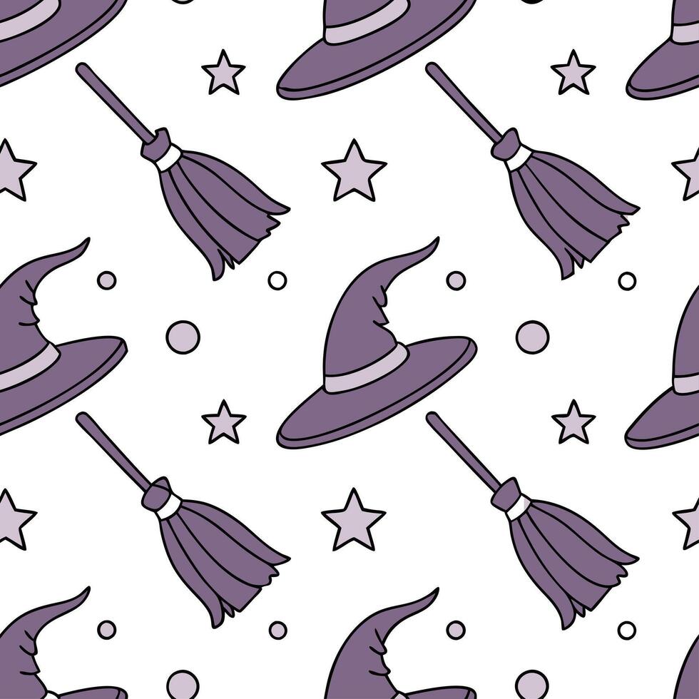 Witch hats and broomsticks seamless tile pattern with mystical elements and purple tones for magical home decor concept as Mystical witch hats and broomsticks arranged seamlessly w Clean vector