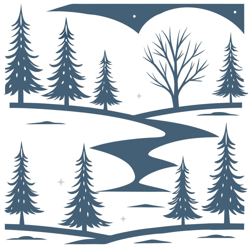 Winter whites seamless pattern with icy lakes snow covered hills and starry skies for a frosty winter night effect concept as Frosty winter night pattern with icy lakes snow covere Cleans vector