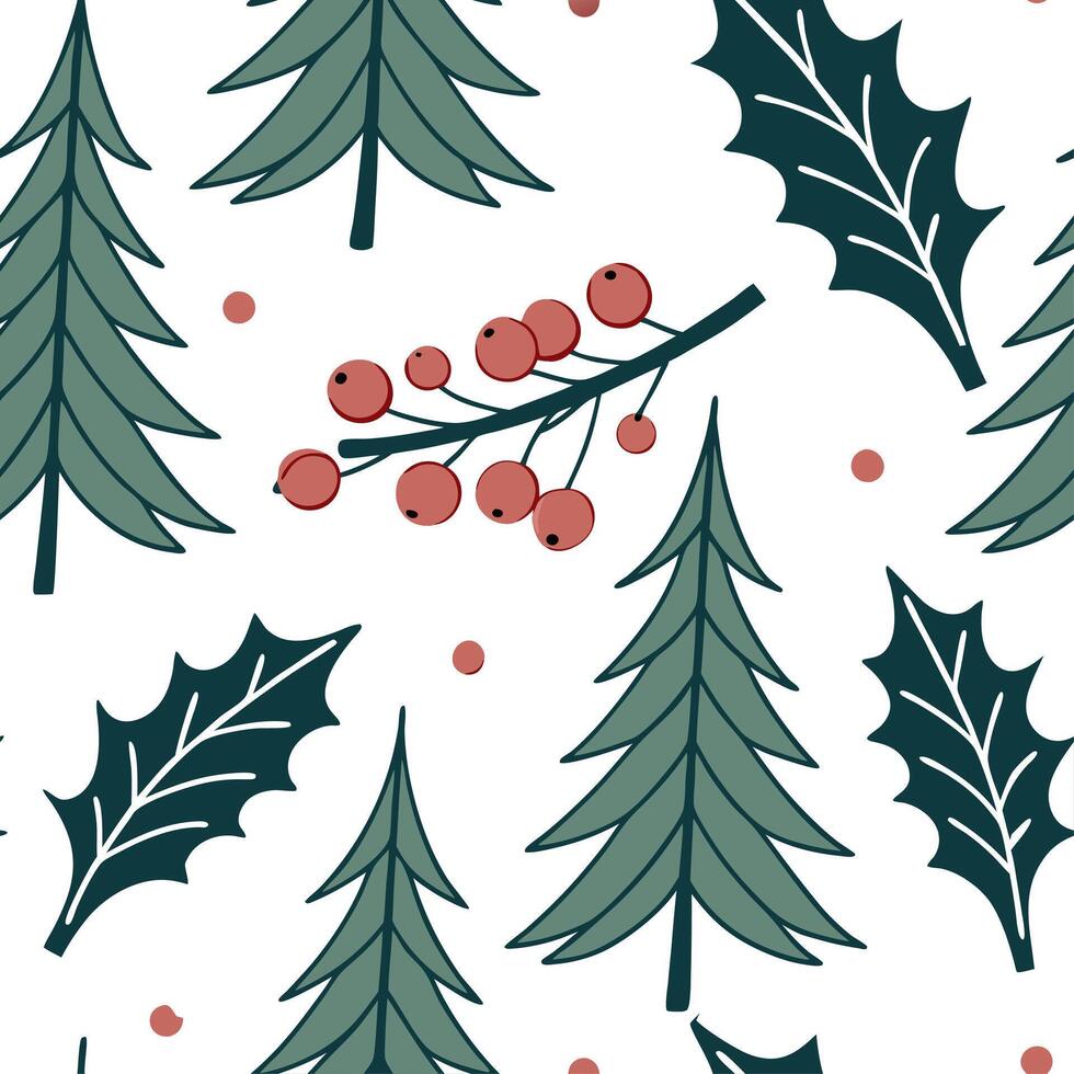 Winter seamless pattern with pine trees holly leaves and berries for a festive holiday design concept as Holiday winter pattern with pine trees holly leaves and berries for a festi Cleans vector