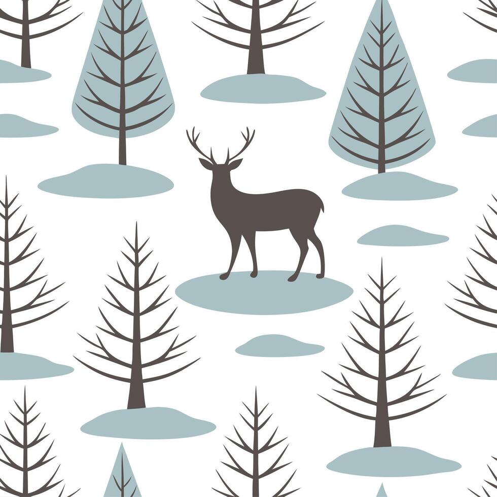 Winter seamless pattern with deer snow covered trees and frozen lakes for a woodland winter scene concept as Woodland winter pattern with deer snow covered trees and frozen lakes f Cleans vector