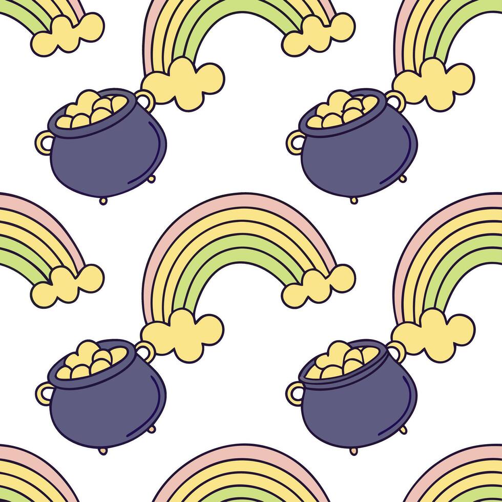 Whimsical pots of gold and rainbows seamless tile pattern with vibrant colors concept as Vibrant colors highlight whimsical pots of gold and rainbows in seamless tile pattern in P Clean vector