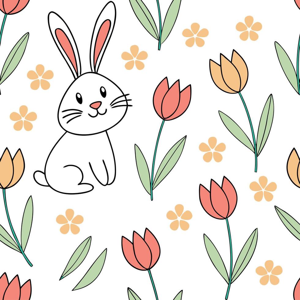 Whimsical Easter rabbits and tulips seamless tile pattern with playful spring elements concept as Playful spring elements like whimsical Easter rabbits and tulips create seamless t Clean vector