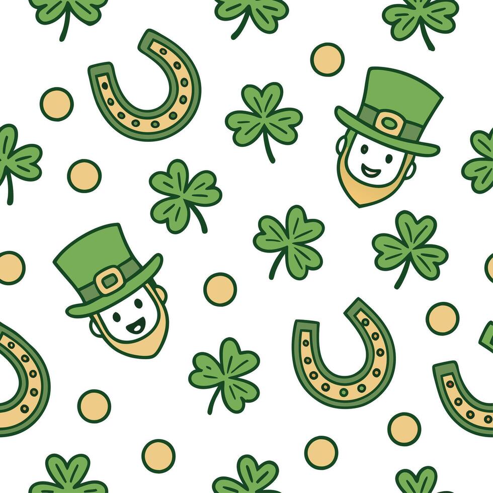 Whimsical leprechauns and lucky charms seamless tile pattern with playful green tones concept as Playful green tones highlight whimsical leprechauns amidst lucky charms in seamless Clean vector