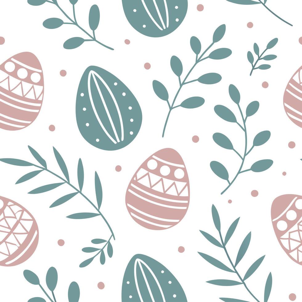 Whimsical Easter eggs and spring branches seamless tile pattern with playful pastel tones concept as Playful pastel tones highlight whimsical Easter eggs and spring branches in sea Clean vector