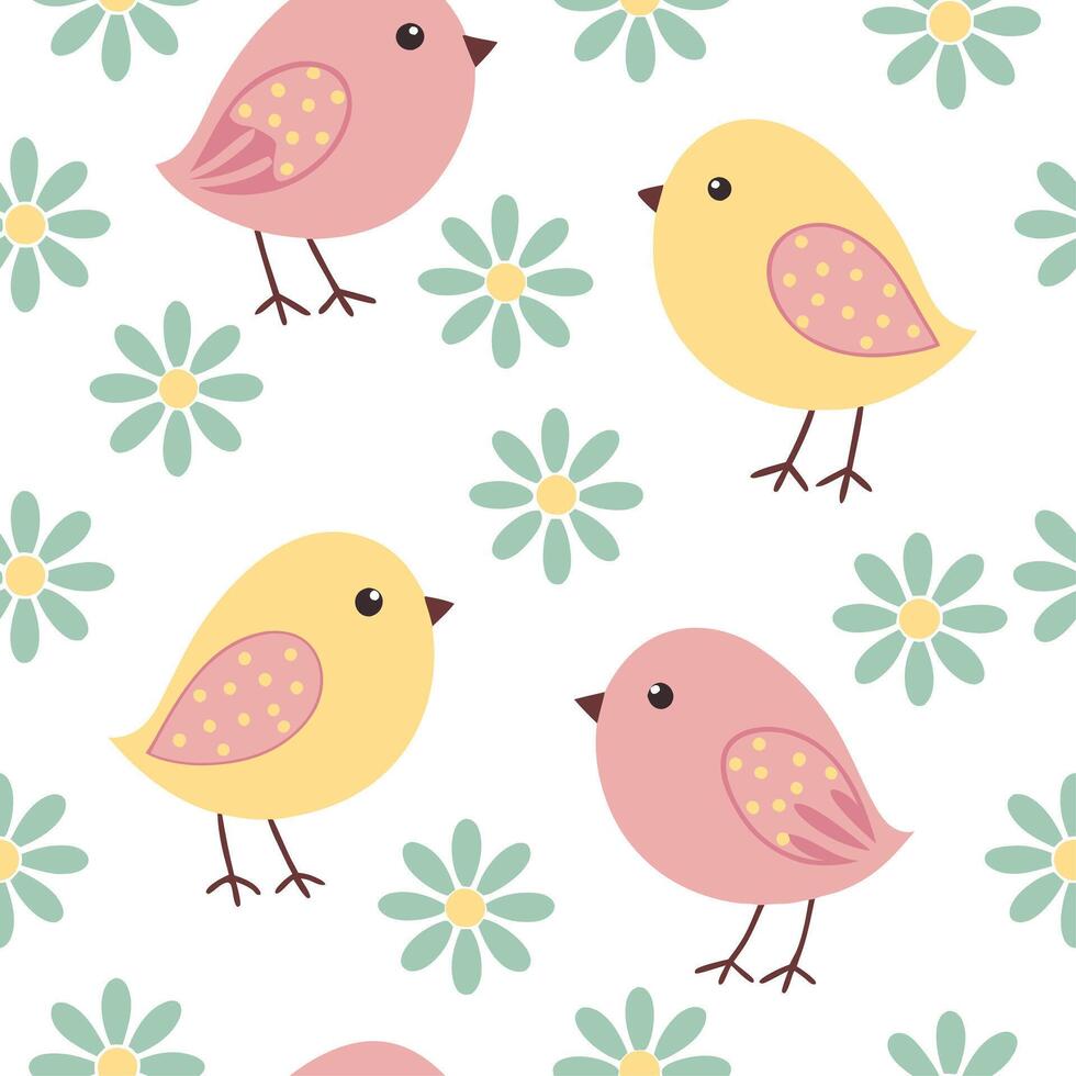 Whimsical Easter chicks and daisies seamless tile pattern with pastel spring colors concept as Pastel spring colors highlight whimsical Easter chicks and daisies in seamless tile p Clean vector