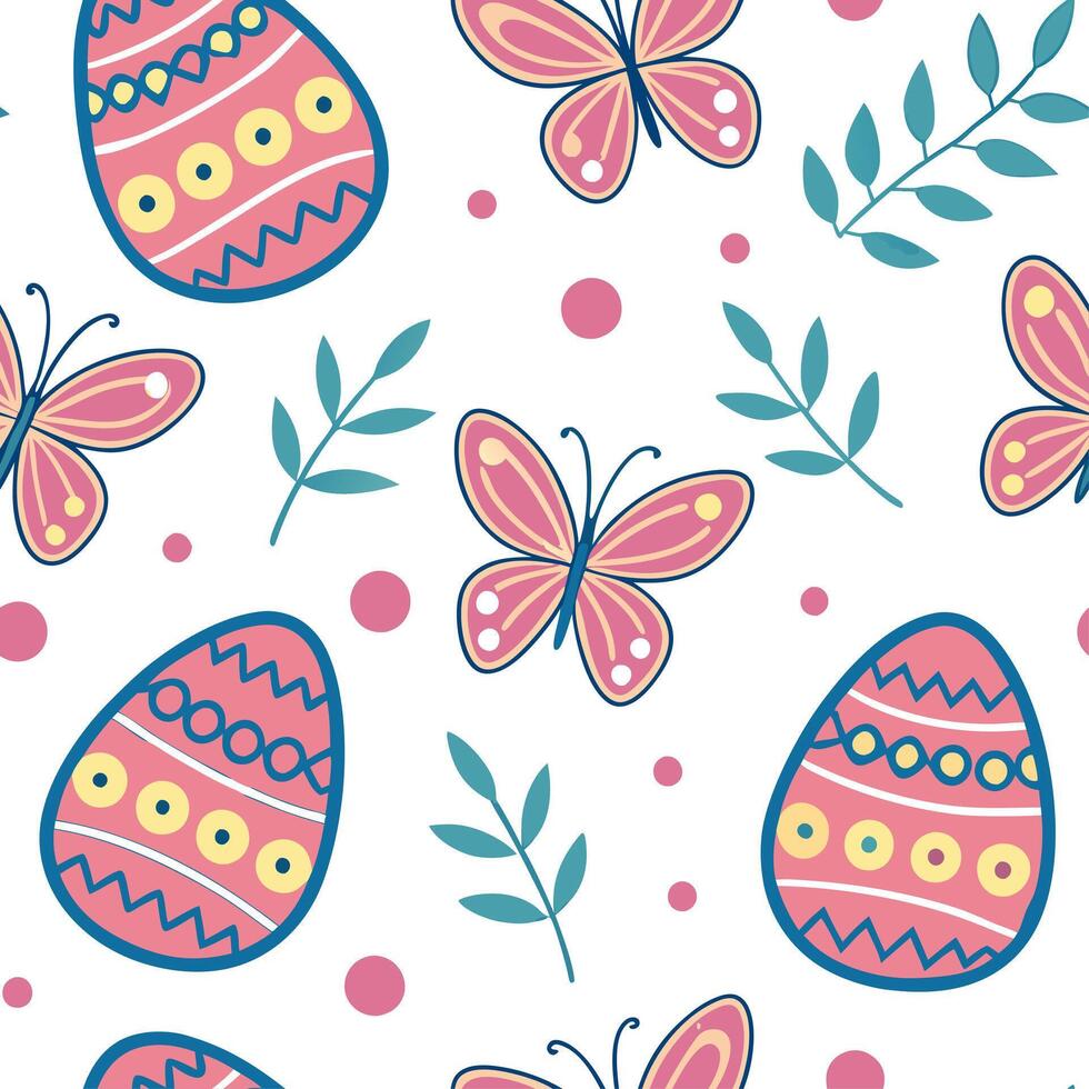 Whimsical Easter eggs and butterflies seamless tile pattern with colorful spring accents concept as Colorful spring accents highlight whimsical Easter eggs and butterflies in seaml Clean vector