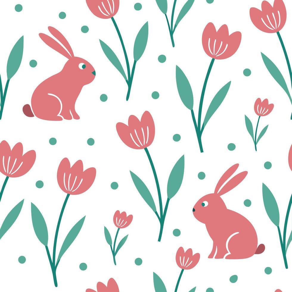 Whimsical Easter bunnies and tulips seamless tile pattern with playful spring colors concept as Playful spring colors highlight whimsical Easter bunnies and tulips in seamless tile Clean vector