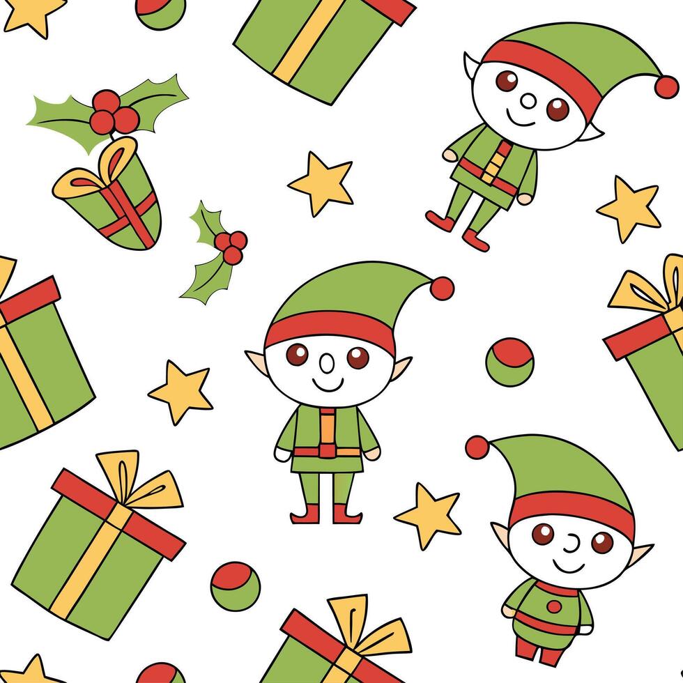 Whimsical Christmas elves and gifts seamless tile pattern with playful holiday elements concept as Playful Christmas elves and gifts create whimsical seamless tile pattern with fes Cleans vector