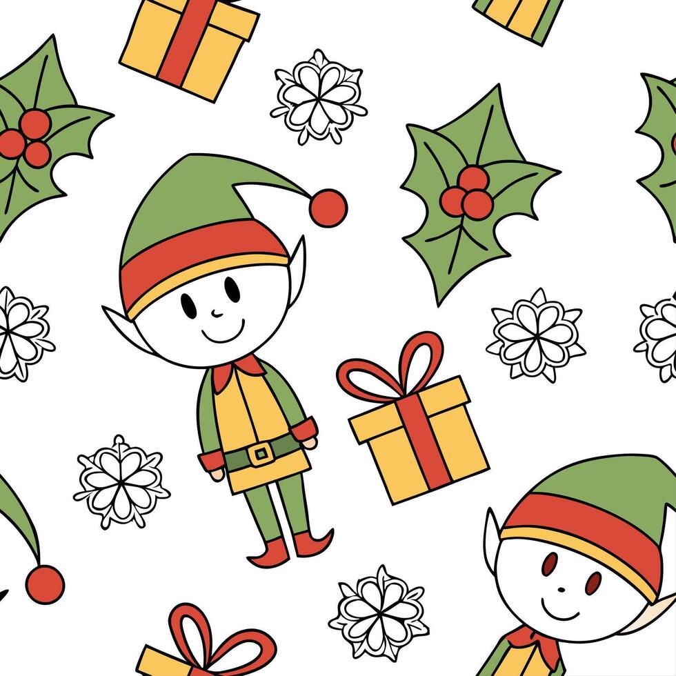 Whimsical Christmas elves and gifts seamless tile pattern with playful holiday elements concept as Playful Christmas elves and gifts create whimsical seamless tile pattern with fes Cleans Set 2 vector