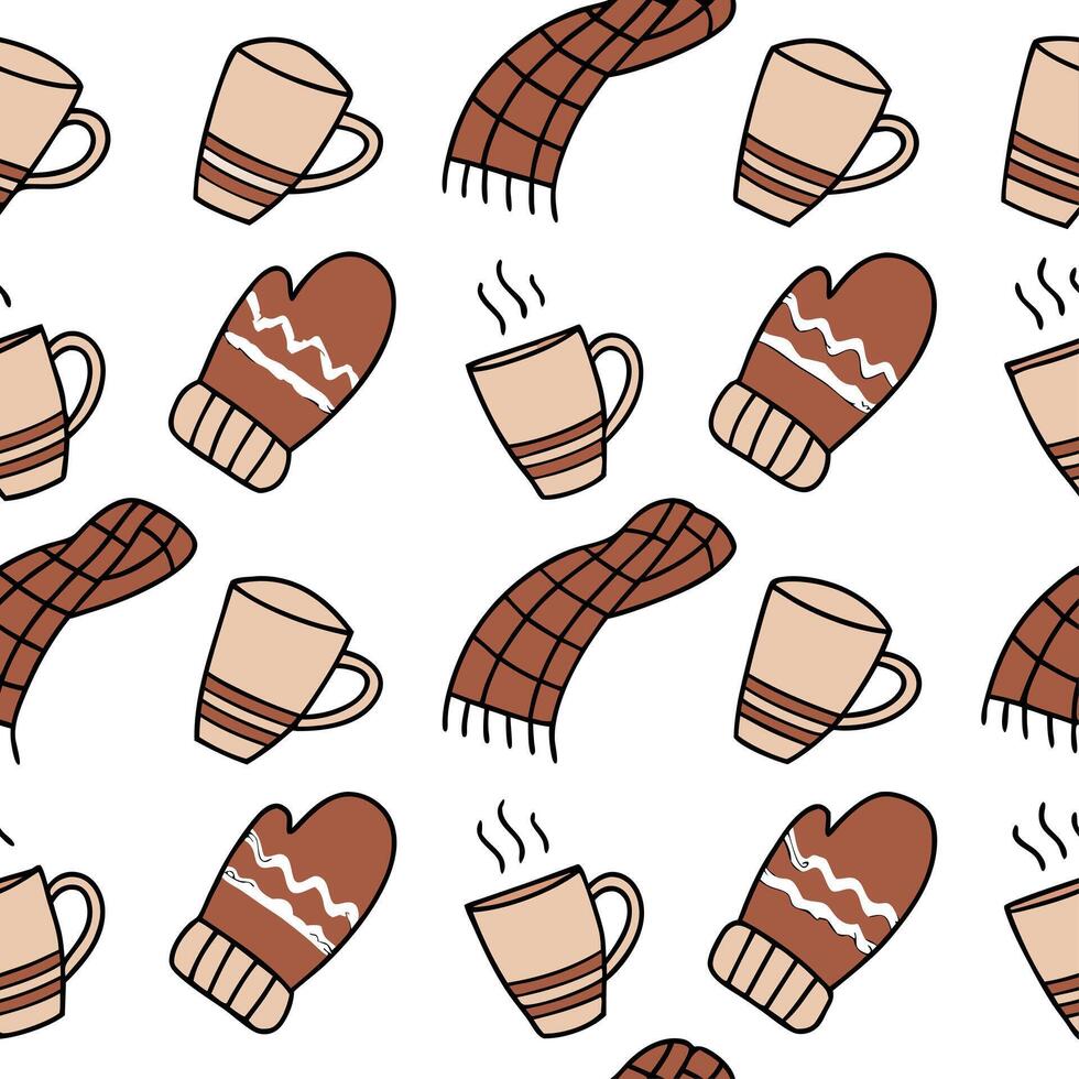 Warm winter seamless pattern with hot cocoa mugs scarves and mittens for a cozy seasonal feel concept as Cozy winter pattern with hot cocoa mugs scarves and mittens for a snug hear Cleans vector