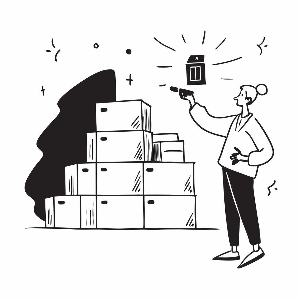 Warehouse Supervisor with Walkie Talkie and Pallets in Enchanted Storage Area concept as Wide shot of a warehouse supervisor with a walkie talkie overseeing pallets in an enchanted Clean vector