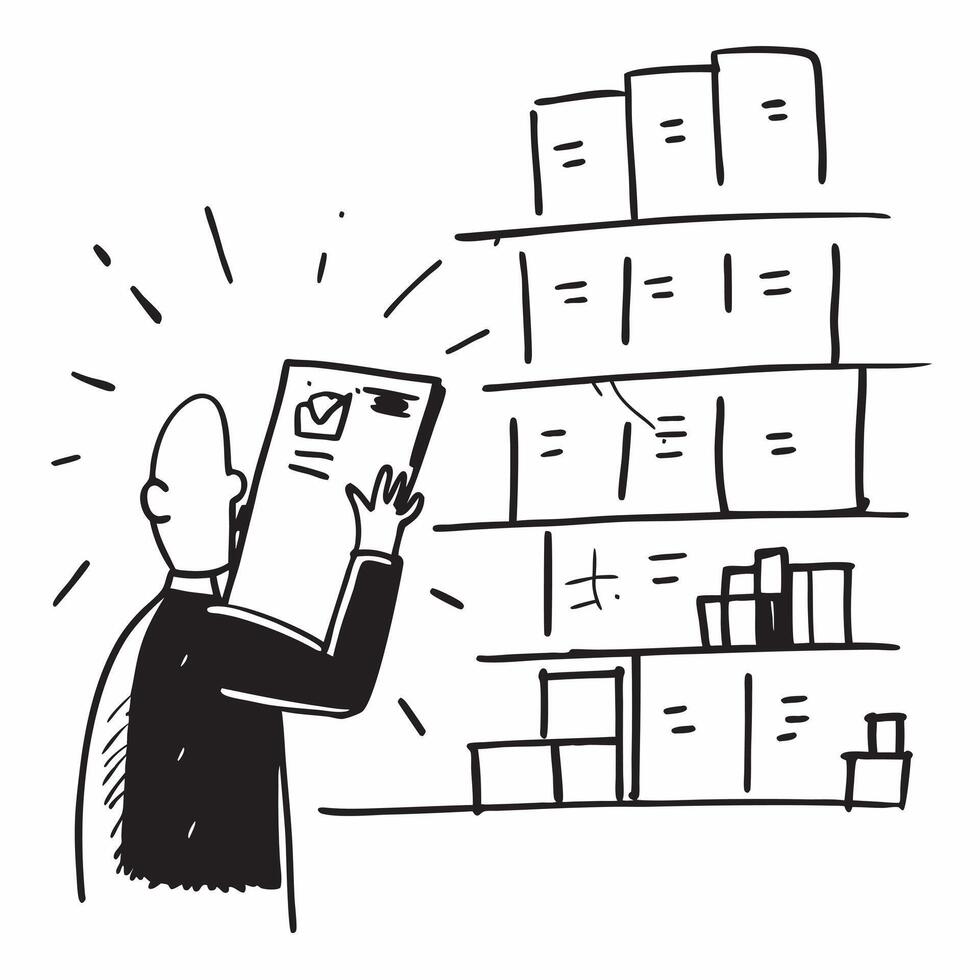 Warehouse Clerk with Inventory List and Shelves in Magical Warehouse concept as Long shot of a warehouse clerk with an inventory list in front of towering shelves in a magical ware Clean vector