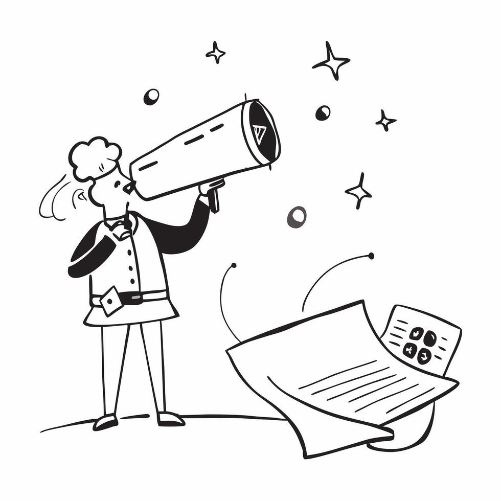Visionary with Telescope and Plan concept as A visionary using a telescope and reviewing a plan set against a whimsical background offering ample space for text or graphics symboli Clean vector