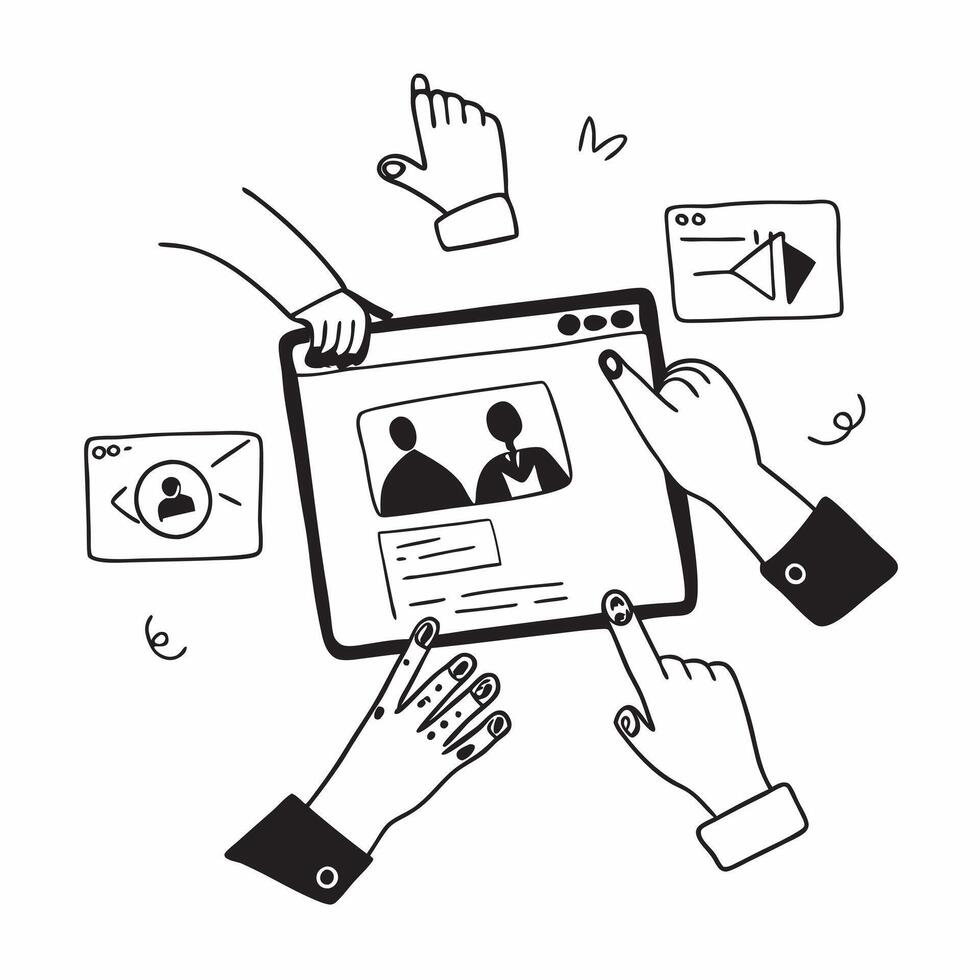 Virtual team collaborating on a digital platform concept as A illustration of a virtual team collaborating on a digital platform using a 3 color scheme to emphasize remote t Clean Set 2 vector