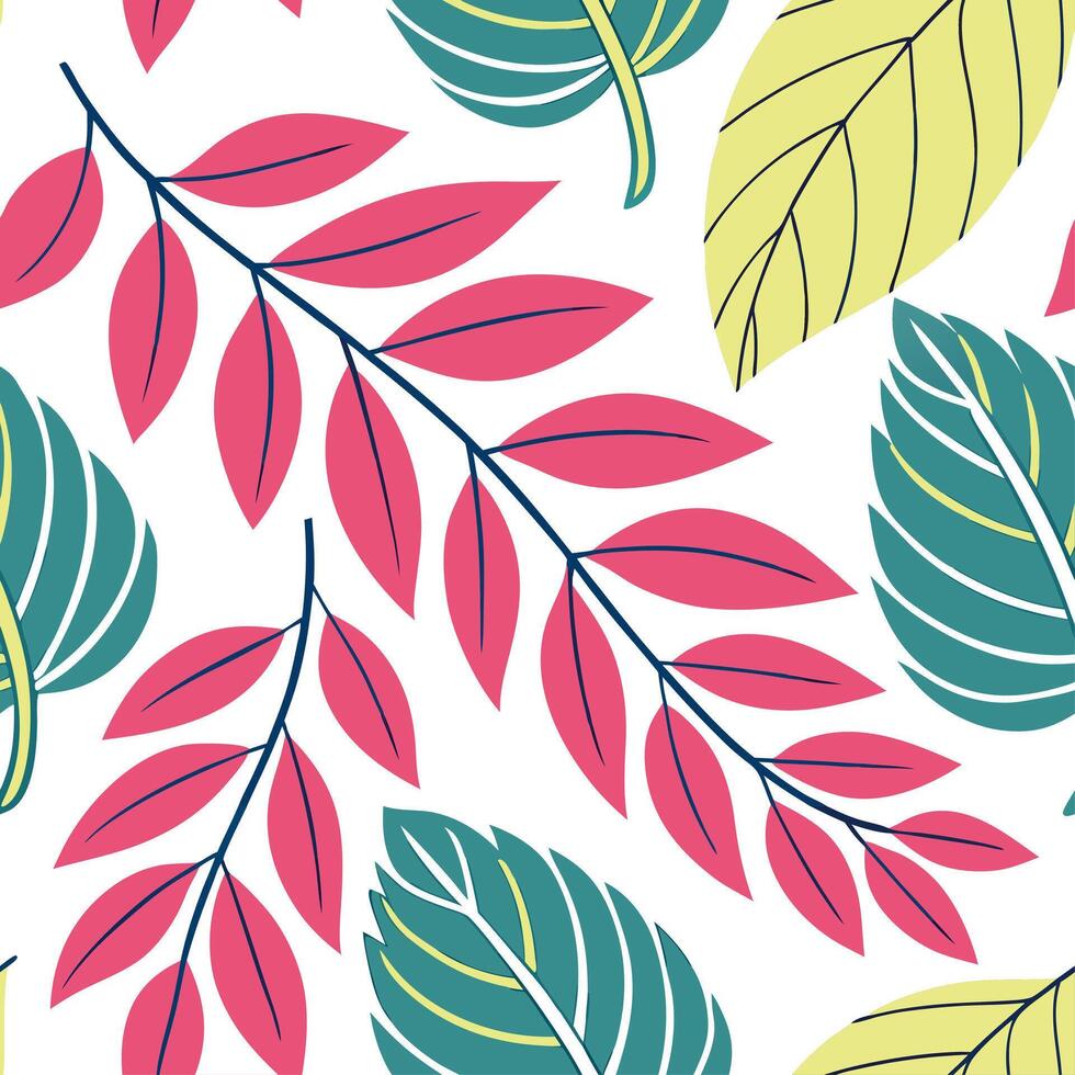 Vibrant spring leaves seamless pattern with bold shapes and bright shades for energetic spring designs concept as Energetic seamless spring leaves pattern featuring bold shapes and Cleans vector