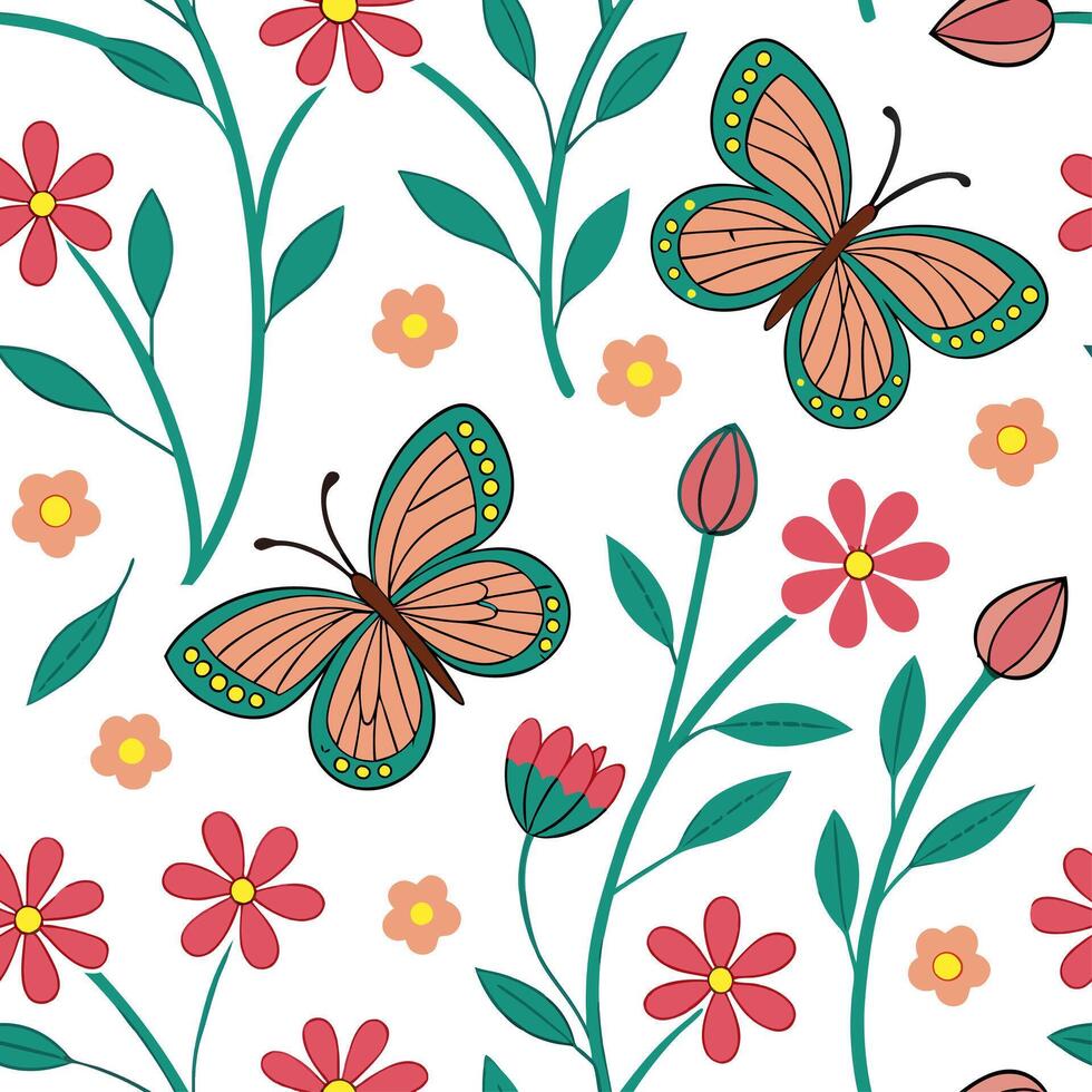 Vibrant spring nature seamless pattern with blooming flowers and fluttering butterflies for lively outdoor scenes concept as Lively spring pattern with blooming flowers and butterf Cleans vector