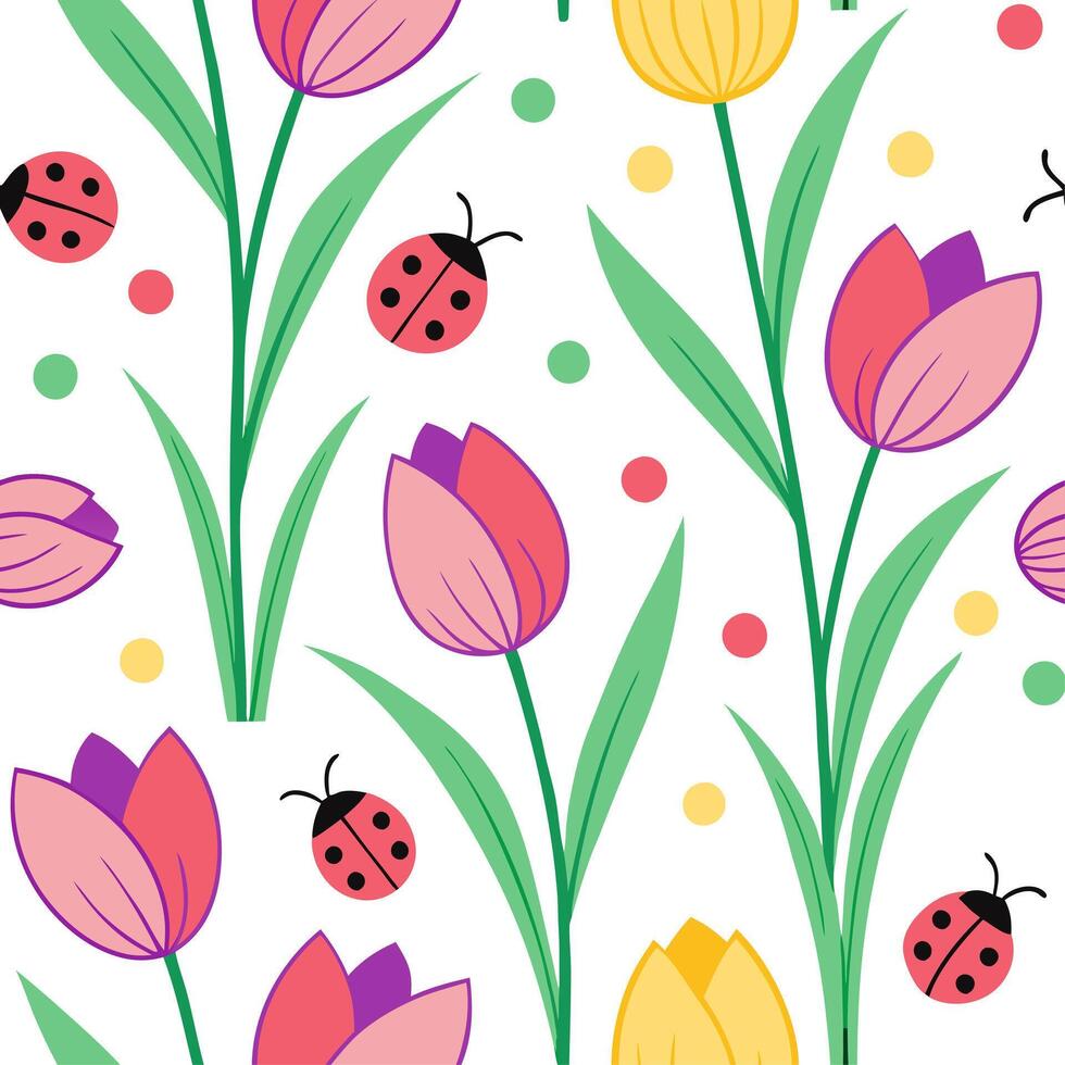 Vibrant Easter tulips and ladybugs seamless tile pattern with colorful spring accents concept as Colorful spring accents with vibrant Easter tulips and ladybugs create seamless til Clean Set 2 vector