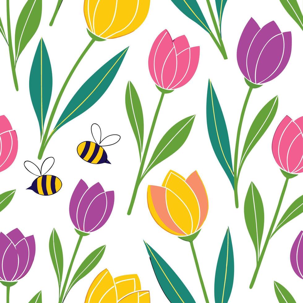 Vibrant Easter tulips and bees seamless tile pattern with lively spring elements concept as Lively spring elements like vibrant Easter tulips and bees create seamless tile pattern Clean vector