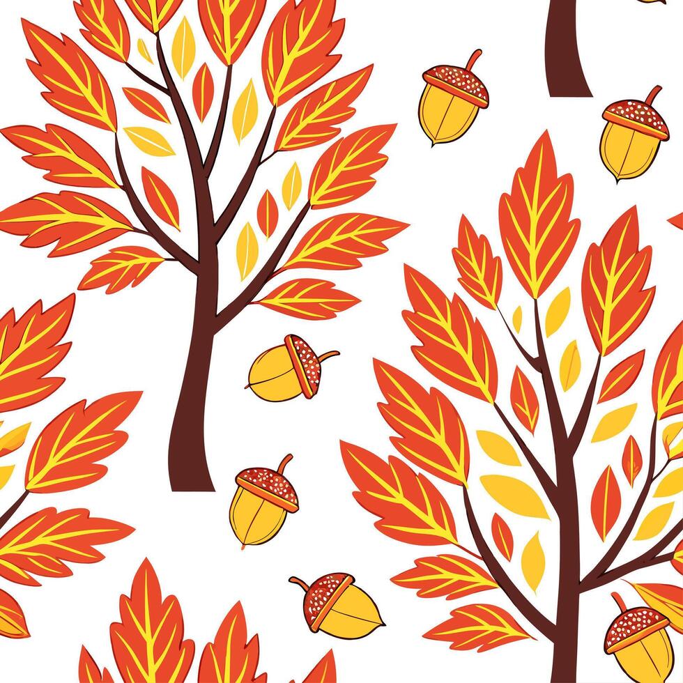 Vibrant autumn trees seamless tile pattern with colorful leaves and acorns for lively fall spaces concept as Colorful autumn leaves and acorns arranged seamlessly to create lively Cleans Set 3 vector