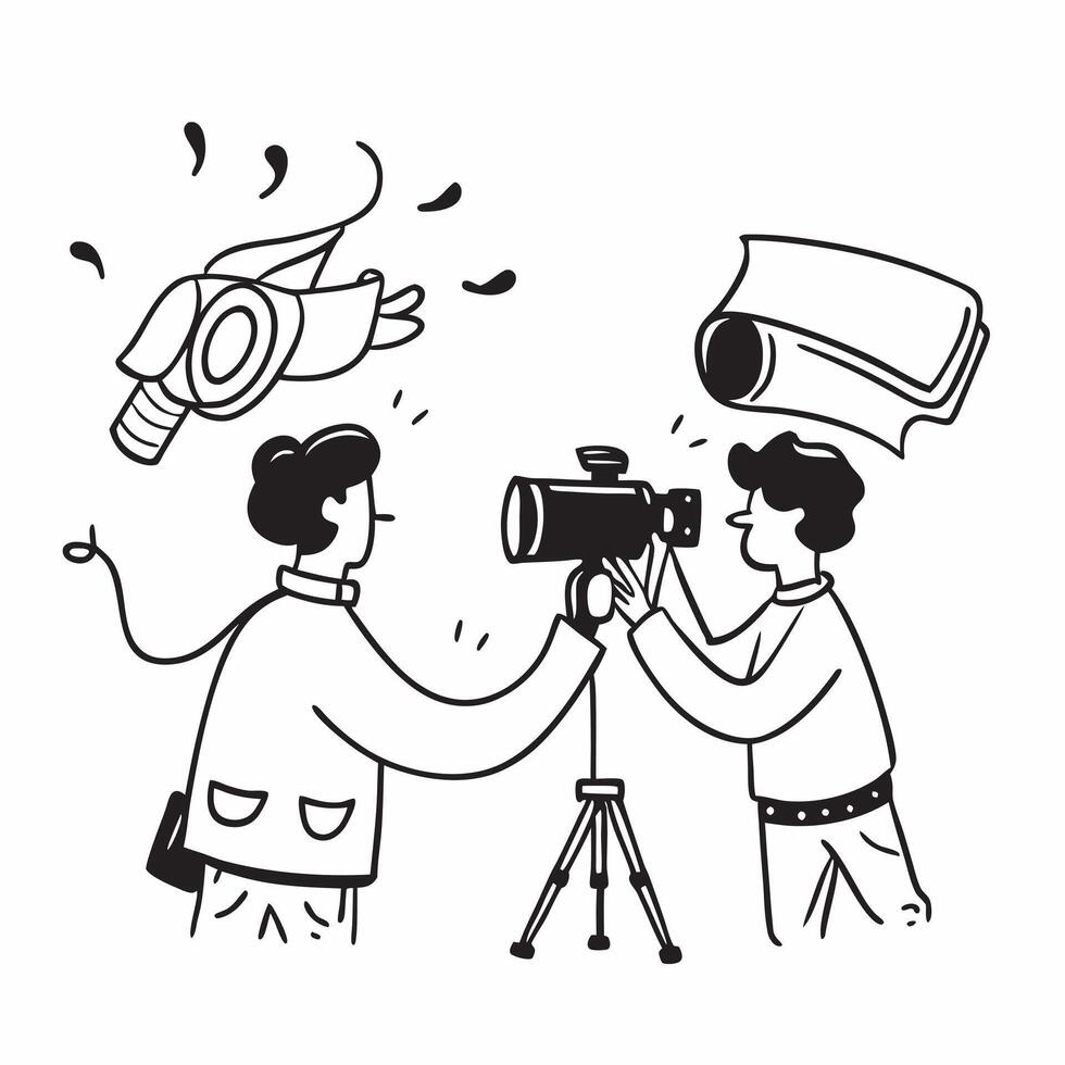 Two Photographers with Cameras and Tripods concept as Two photographers holding cameras and tripods set against a Cleans background offering ample space for text or graphics symboli Cleans vector