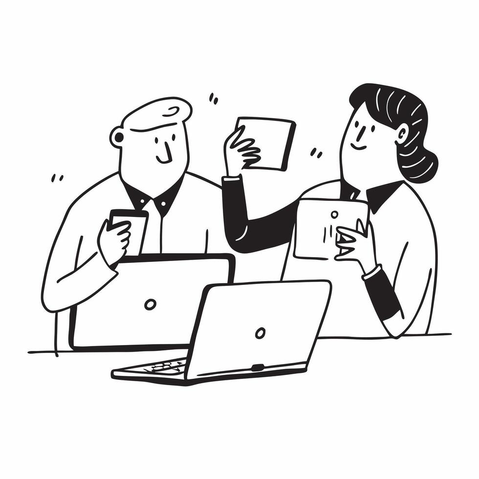 Two Office Assistants with Coffee Cups and Laptops concept as Two office assistants holding coffee cups and using laptops set against a Cleans background offering ample space for te Cleans vector