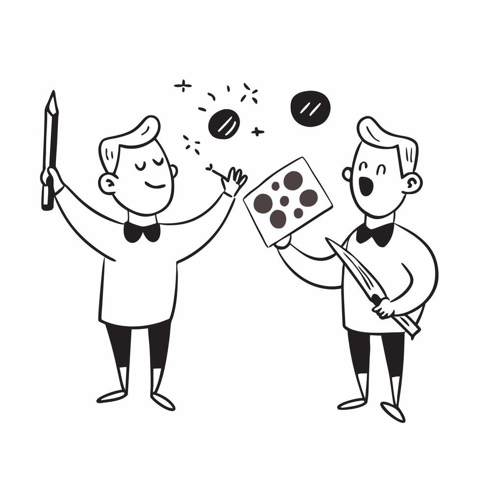 Two Painters with Paintbrushes and Color Palettes concept as Two painters holding paintbrushes and color palettes set against a Cleans background offering ample space for text or gr Cleans vector