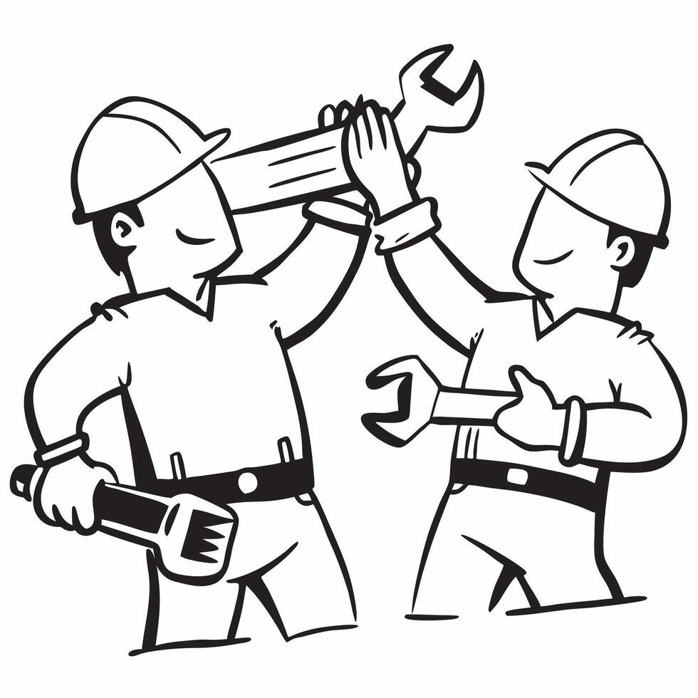 Two Mechanics with Wrenches and Toolboxes concept as Two mechanics holding wrenches and toolboxes set against a Cleans background offering ample space for text or graphics symbolizi Cleans vector