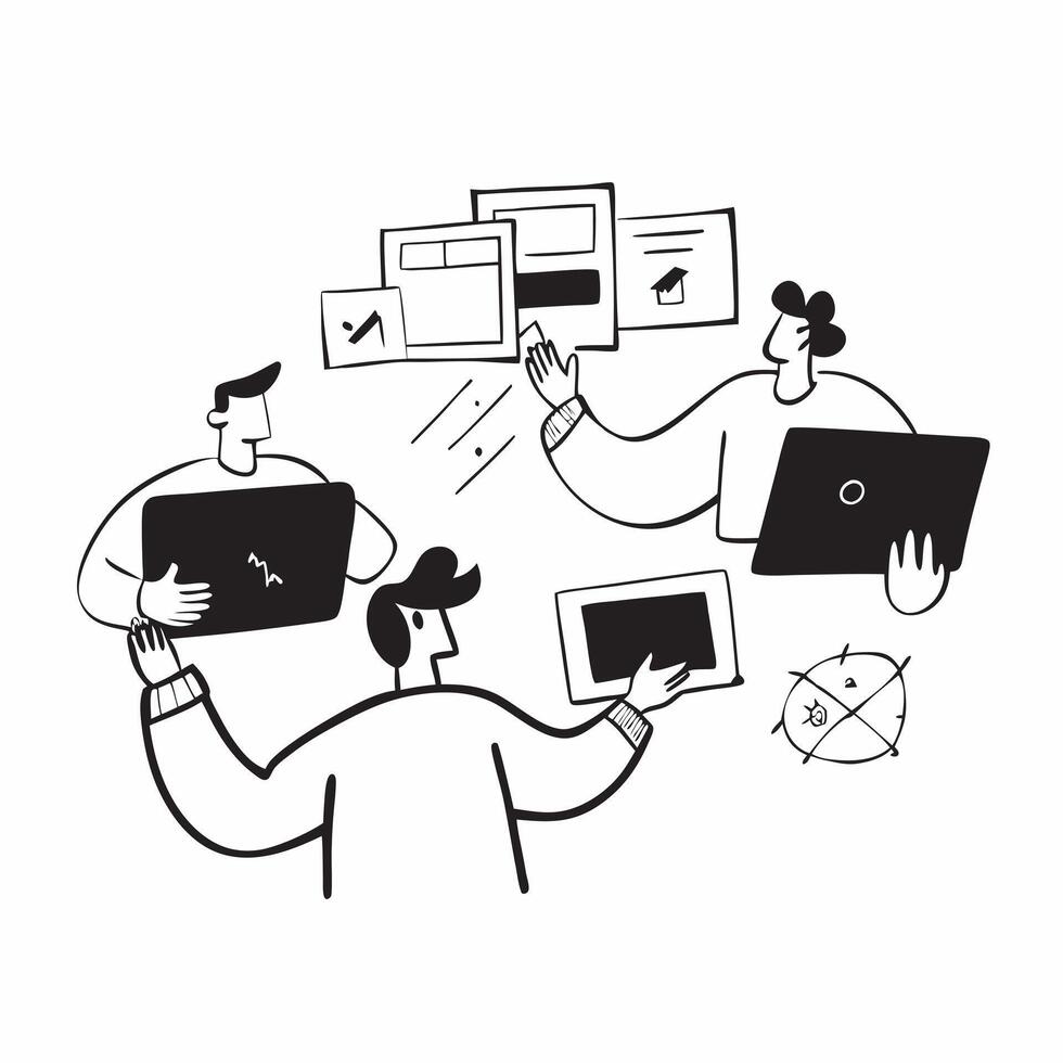 Two IT Professionals with Computers and Office Supplies concept as Two IT professionals using computers with office supplies around set against a Cleans background offering ample sp Cleans vector