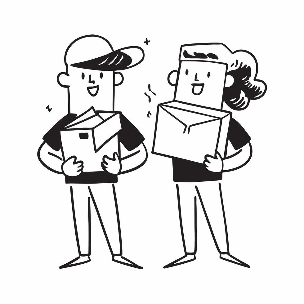 Two Delivery Workers with Boxes and Smiles concept as Two delivery workers holding boxes and smiling set against a Cleans background offering ample space for text or graphics symbol Cleans vector