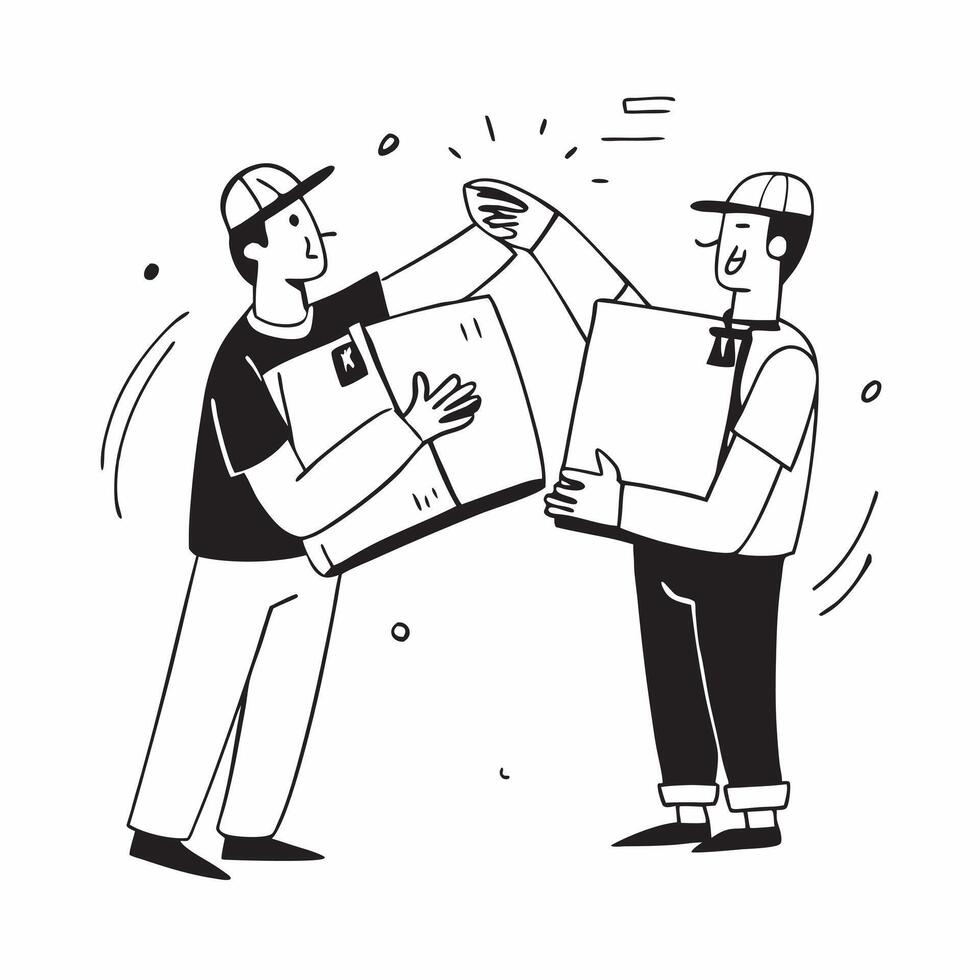 Two Couriers with Parcels and Delivery Trucks concept as Two couriers holding parcels with a delivery truck in the background set against a Cleans background offering ample space fo Cleans vector