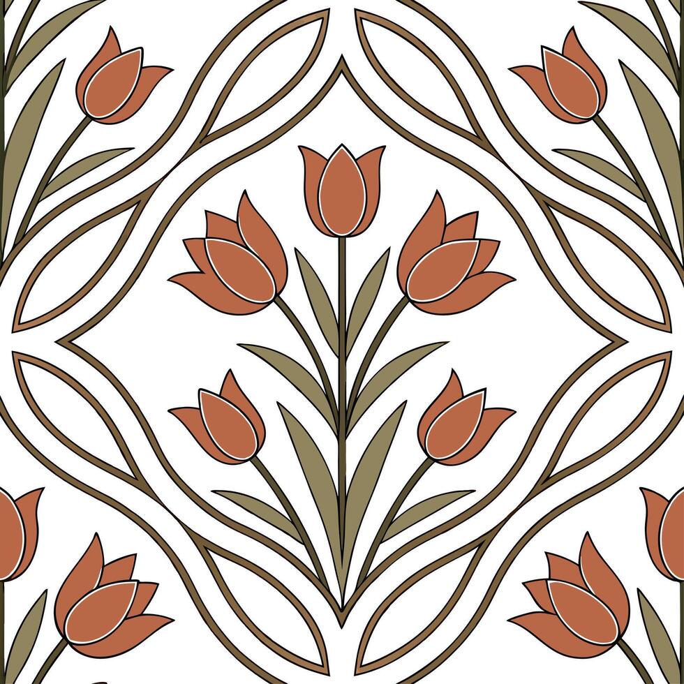 Turkish kilim patterns and tulips seamless tile pattern with earthy tones and traditional designs for cultural decor concept as Earthy toned Turkish kilim patterns and traditional Cleans vector