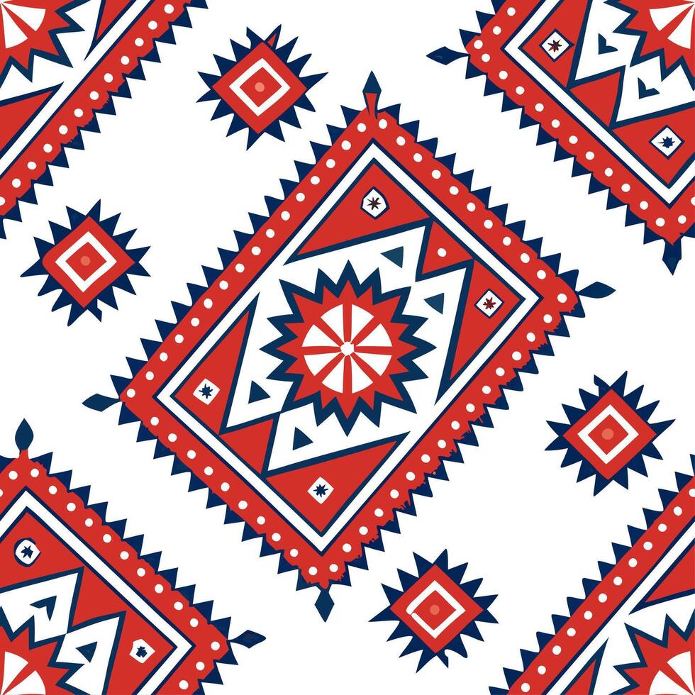 Turkish kilim patterns and vibrant colors seamless tile pattern with rich reds and blues for cultural decor concept as Rich red and blue Turkish kilim patterns arranged seamlessly Cleans vector
