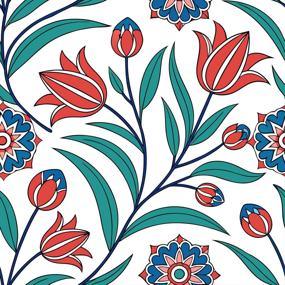 Turkish tulips and mosaics seamless tile pattern with vibrant colors and intricate designs for exotic decor concept as Vibrant Turkish tulips and intricate mosaic designs arranged Cleans vector