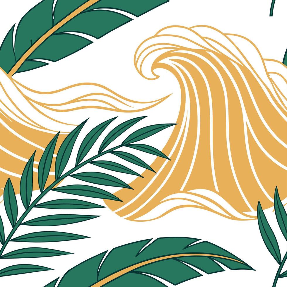 Tropical summer waves seamless pattern with palm leaves and wave textures for exotic beach themed designs concept as Tropical beach wave pattern with palm leaves and wave textures Cleans vector