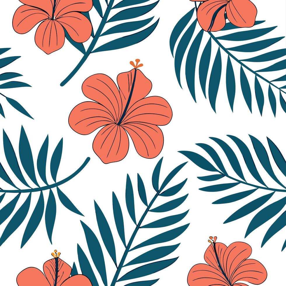 Tropical summer flowers seamless pattern with exotic florals and bright warm hues for an adventurous summer vibe concept as Exotic summer flowers pattern with tropical florals and Cleans Set 2 vector