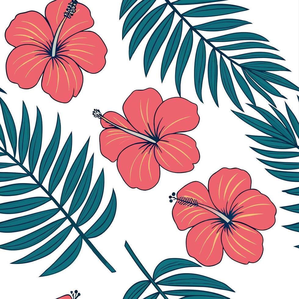 Tropical summer flowers seamless pattern with exotic florals and bright warm hues for an adventurous summer vibe concept as Exotic summer flowers pattern with tropical florals and Cleans vector