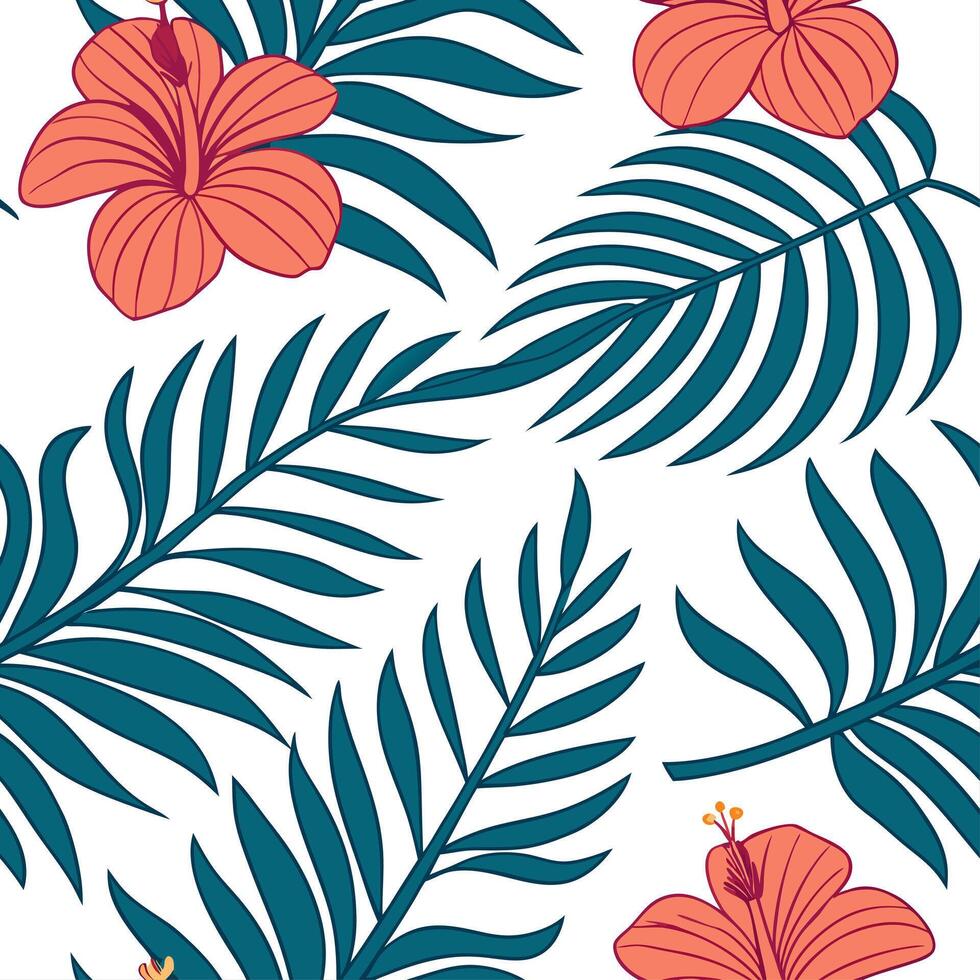 Tropical summer seamless pattern with exotic flowers and vivid tropical foliage for an adventurous design concept as Exotic summer flower pattern with tropical flowers and vivid fo Cleans vector